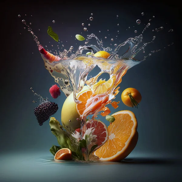 Exotic fruits in the water, water splashes, fruit levitation. Beautiful photo.