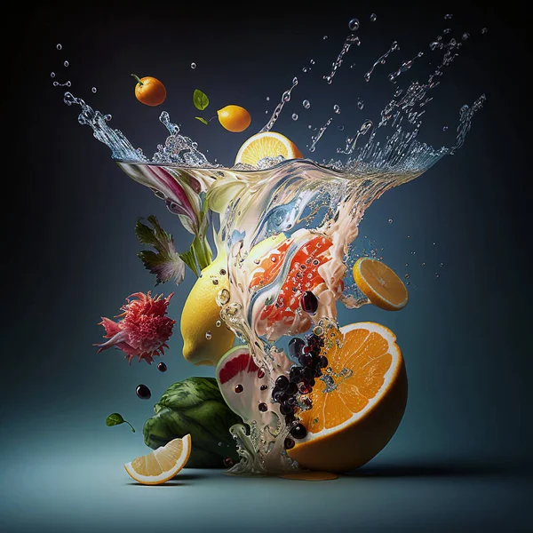 Exotic fruits in the water, water splashes, fruit levitation. Beautiful photo.