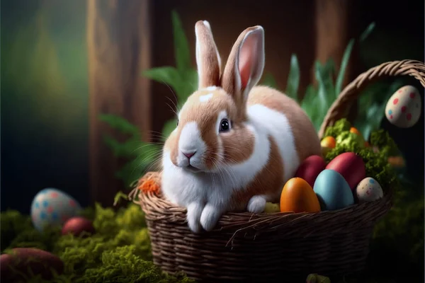 Super cute easter bunny guards a bunch of colorful eggs, a very realistic, detailed, beautiful background.
