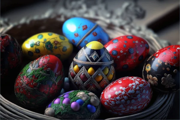 Colorful Easter eggs with decorative patterns, sharp patterns, decoration for Easter, handmade.