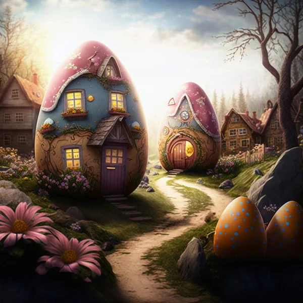 Epic easter village with magical easter houses with walkways, photorealistic, pictures for easter,