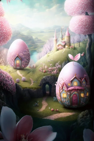 Epic easter village with magical easter houses with walkways, photorealistic, pictures for easter,