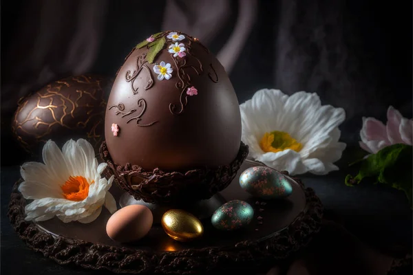 Easter chocolate eggs with a dark background, dessert, and gifts for children for Easter.