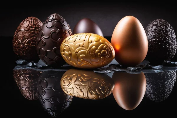 Easter chocolate eggs with a dark background, dessert, and gifts for children for Easter.