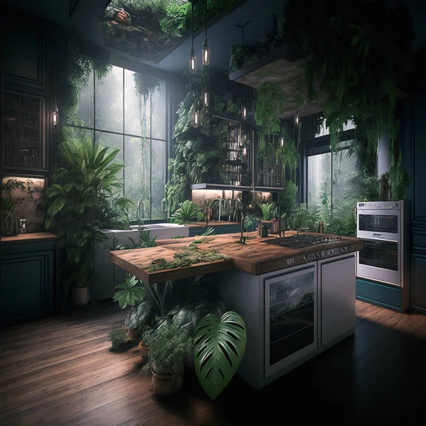 Modern large kitchens with large windows. Lots of plants and unusual interior. Made in Rustic style.