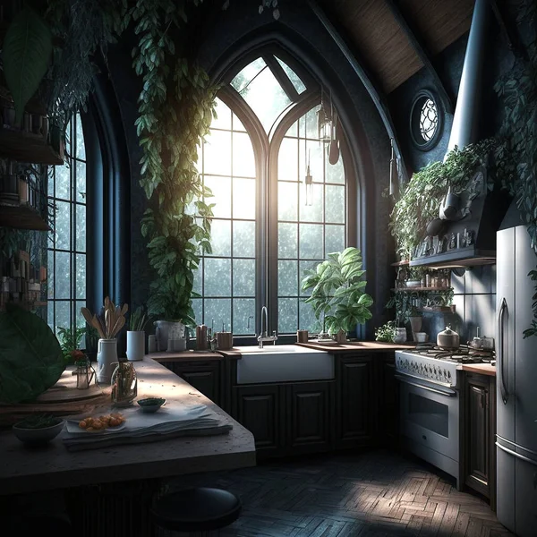 Modern large kitchens with large windows. Lots of plants and unusual interior. Made in Rustic style.