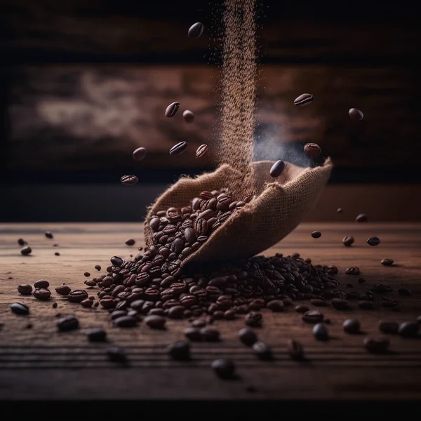 Coffee beans in a bag, beautiful background, coffee levitation.