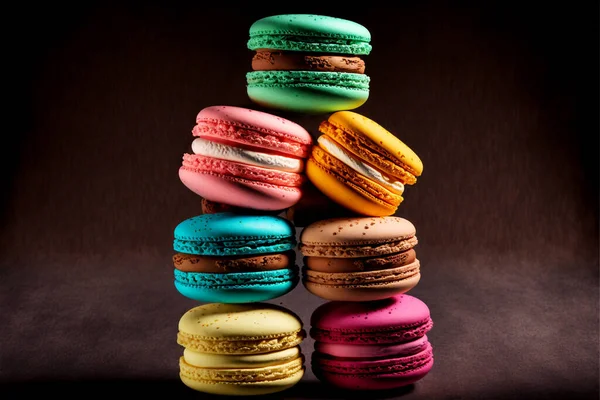 Famous French dessert, different colors, levitation Homemade food.Beautiful background.Macaroon.