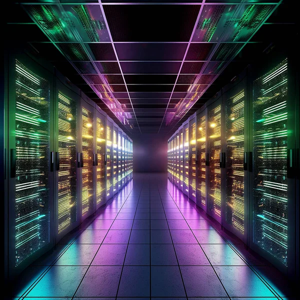 A high-tech and futuristic interior of a massive data center with rows of servers and racks brightly lit by glowing LEDs. Modern computers.