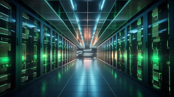A high-tech and futuristic interior of a massive data center with rows of servers and racks brightly lit by glowing LEDs. Modern computers.
