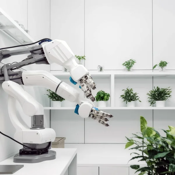 Farmer robot manipulator working with fresh green plants, plants, and modern technology.