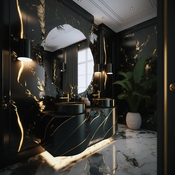 VIP bathroom interior design, illuminated mirror, beautiful color palette, marble wall tiles, marble floor, and ceiling lighting.