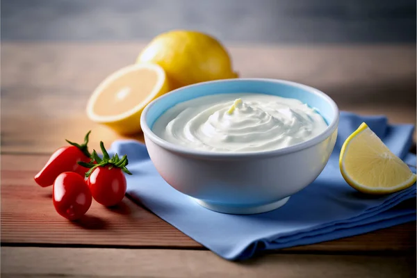A small bowl of smooth mayonnaise on a wooden table, yellow mayonnaise, and homemade food. Homemade salad dressings.