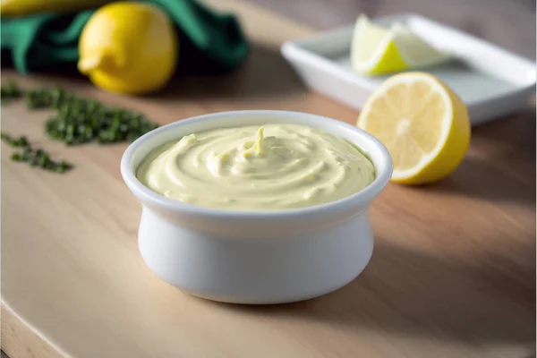 A small bowl of smooth mayonnaise on a wooden table, yellow mayonnaise, and homemade food. Homemade salad dressings.