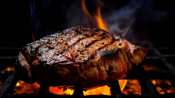 Grilled medium steak. Small fire on the grill. Very appetizing. Homemade food. Restaurant.