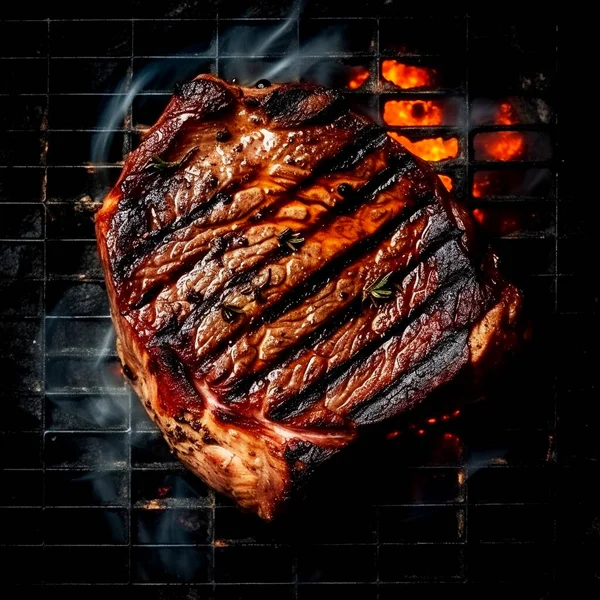 Grilled medium steak. Small fire on the grill. Very appetizing. Homemade food. Restaurant.