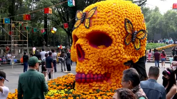 Mexiko Stadt Mexiko November 2022 Gigantische Skulptur Eines Cempasuchil Blütenschädels — Stockvideo