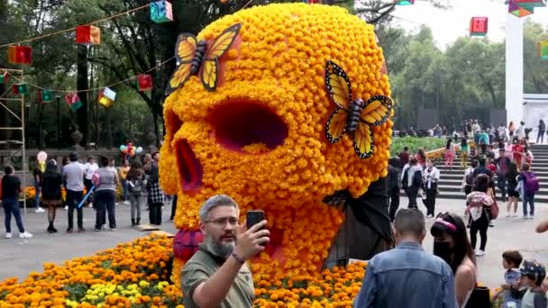 Mexico City Mexiko Listopad 2022 Obří Socha Lebky Cempasuchilových Květin — Stock video