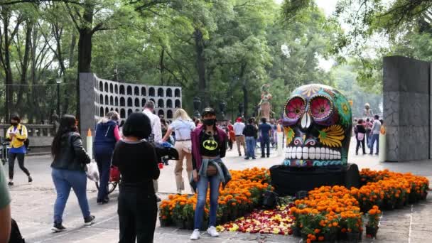 墨西哥墨西哥城 2022年11月 死之日在查普尔特佩克森林散步的家庭 在整个通道上都可以看到提及墨西哥文化的祭品和雕塑 — 图库视频影像