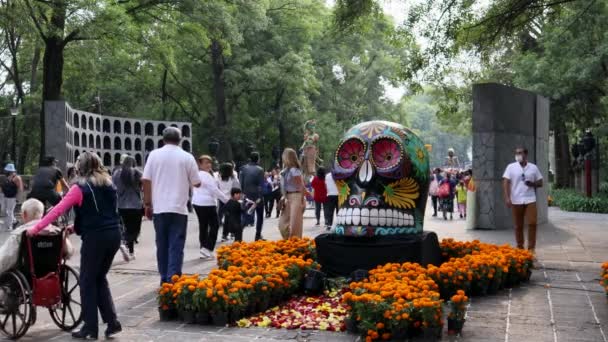 墨西哥墨西哥城 2022年11月 一家人在全国最重要的节日之一 查普尔特佩克的骷髅雕塑前拍照 — 图库视频影像