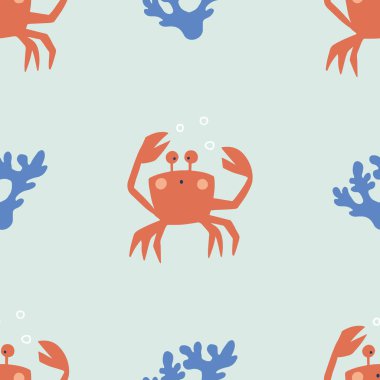 Sevimli yengeç ile kusursuz desen. El çizimi vektör çizimi