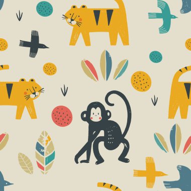 Afrika Hayvanları 'nda kusursuz desen. El çizimi vektör illüstrasyonu.