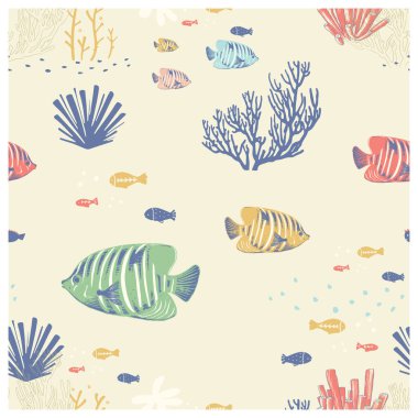 Denizaltı yaratıklarında kusursuz desen. El çizimi vektör illüstrasyonu.