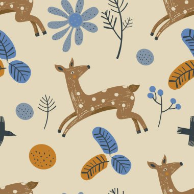 Tilki ile ormanın kusursuz deseni. El çizimi vektör illüstrasyonu. 