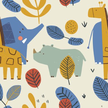 Safari hayvanlarıyla kusursuz desen. Fil, gergedan, zürafa. El çizimi vektör çizimi. Çocuklar ve bebekler için.