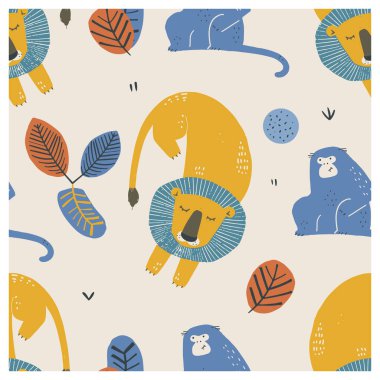 Safari hayvanlarıyla kusursuz desen. Aslan ve Maymun. El çizimi vektör çizimi. Çocuklar ve bebekler için.