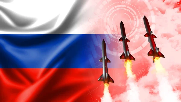 stock image Russian flag with missiles. Russian nuclear missile attack.