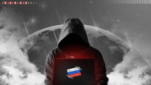 Ciberamenaza Rusia Hackeador Ruso Ordenador Sobre Fondo Los Colores Bandera —  Fotos de Stock