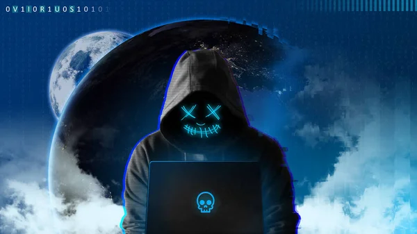 Peligroso Hacker Encapuchado Con Máscara Internet Ciberdelincuencia Ciberataque Rotura Del —  Fotos de Stock
