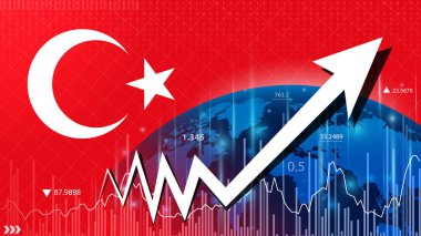Türkiye 'de ekonomik büyüme. Türkiye Ekonomisi için Ekonomi Tahminleri. Arkaplanda Türkiye bayrağının arkaplanına karşı yukarı ok.