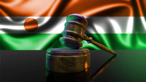 Niger's Flag and Crisis: Understanding the Current Situation. Niger's law and justice concept. Wooden gavel with flag of Niger.