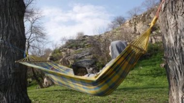 Hamakta dizüstü bilgisayarı olan bir kız güneşli bir günde doğada uzaktan çalışır. Serbest iletişim ve çalışma kavramı.