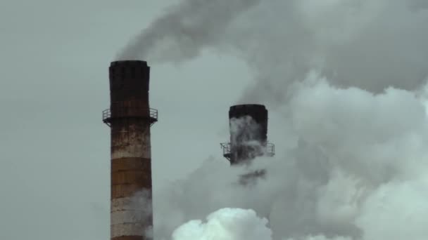 Белые Облака Дыма Двух Промышленных Дымоходов Против Неба — стоковое видео