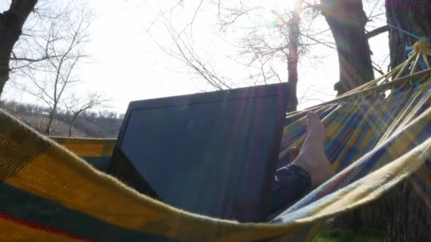 Een Meisje Een Hangmat Met Laptop Werkt Een Zonnige Dag — Stockvideo