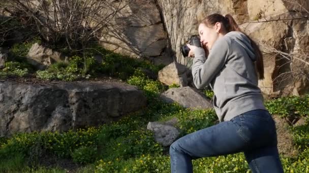 自然の中でプロのカメラを持つ女の子 カメラを持ち 自然の写真を撮る — ストック動画