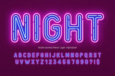 Neon ışığı 3D alfabe, retro-fütüristik origainal tip. Örnekleme renk denetimi.