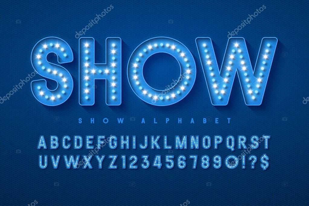 Retro cinema alphabet design, cabaret, LED lamps letters and numbers. Original design