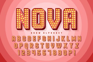 Retro show alphabet design, cabaret, LED lamps letters and numbers. Original design