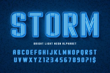 Parlak ışıklı neon alfabe, eski-gelecekçi stili orijinal tip. Örnekleme renk denetimi.