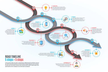 İzometrik navigasyon haritası bilgisel 5 adım zaman çizelgesi konsepti. Virajlı yol. Vektör illüstrasyonu.