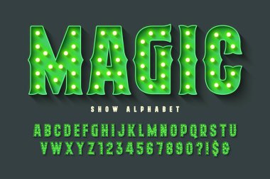 Retro sirk alfabe dizaynı, kabare, LED lambalar harfler ve sayılar. Asıl tasarım