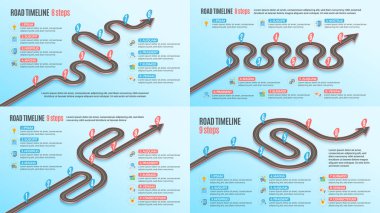 Isometric navigasyon haritası bilgisel 8-9 adım zaman çizelgesi kavramları. Virajlı yol. Vektör illüstrasyonları ayarlandı