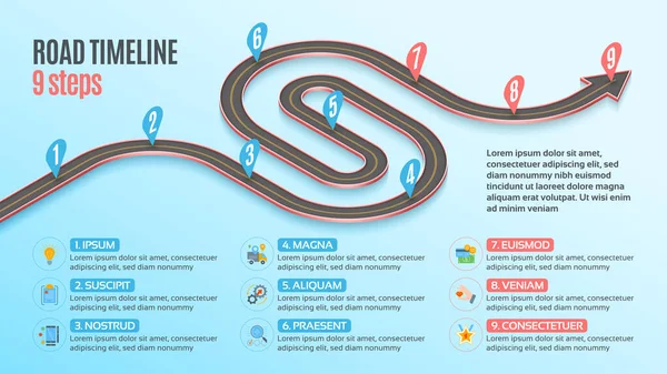 İzometrik navigasyon haritası, 9 aşamalı bilgi zaman çizelgesi konsepti. Virajlı yol. Vektör illüstrasyonu.