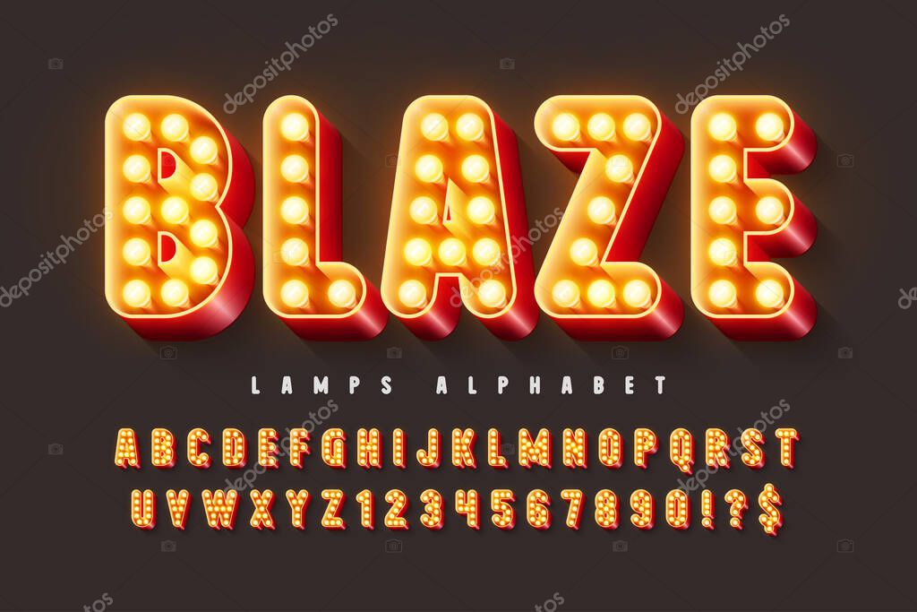 Retro cinema alphabet design, cabaret, warm lamps letters and numbers. Original design