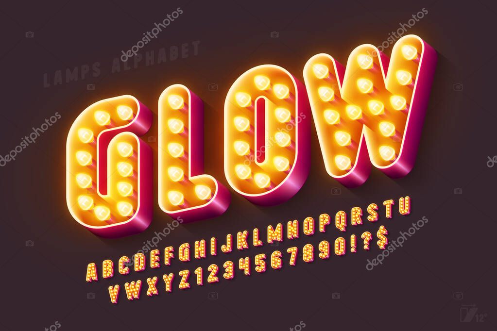 Retro cinema alphabet design, cabaret, warm lamps letters and numbers. Original design. 12 degree skew