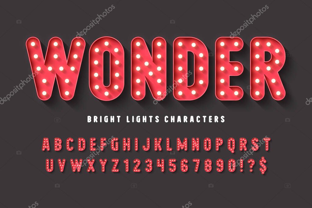 Retro cinema alphabet design, cabaret, warm lamps letters and numbers. Original design